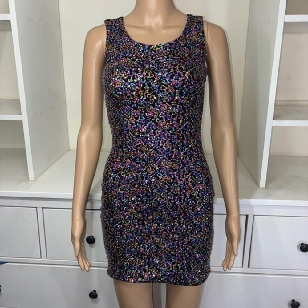 Candies Womens Black Multi Color Sequin Sleeveless Bodycon Mini Dress Size S